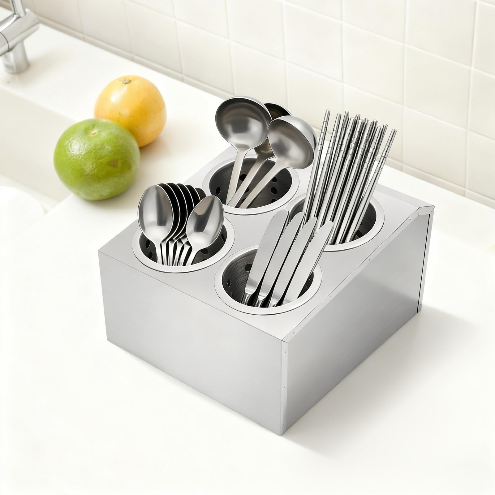 4 compartimentos de acero inoxidable para utensilios de cocina, organizador de cubiertos, cesta para utensilios, con orificios de ventilación, para palillos, cucharas, cuchillos y tenedores