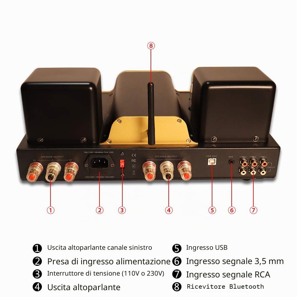 Dared I30BT - Amplificatore per tubi stereo integrale, amplificatore per tubi, amplificatore, Bluetooth, ingresso USB/DAC e linea, uscita cuffie, potenza in uscita 30WX2