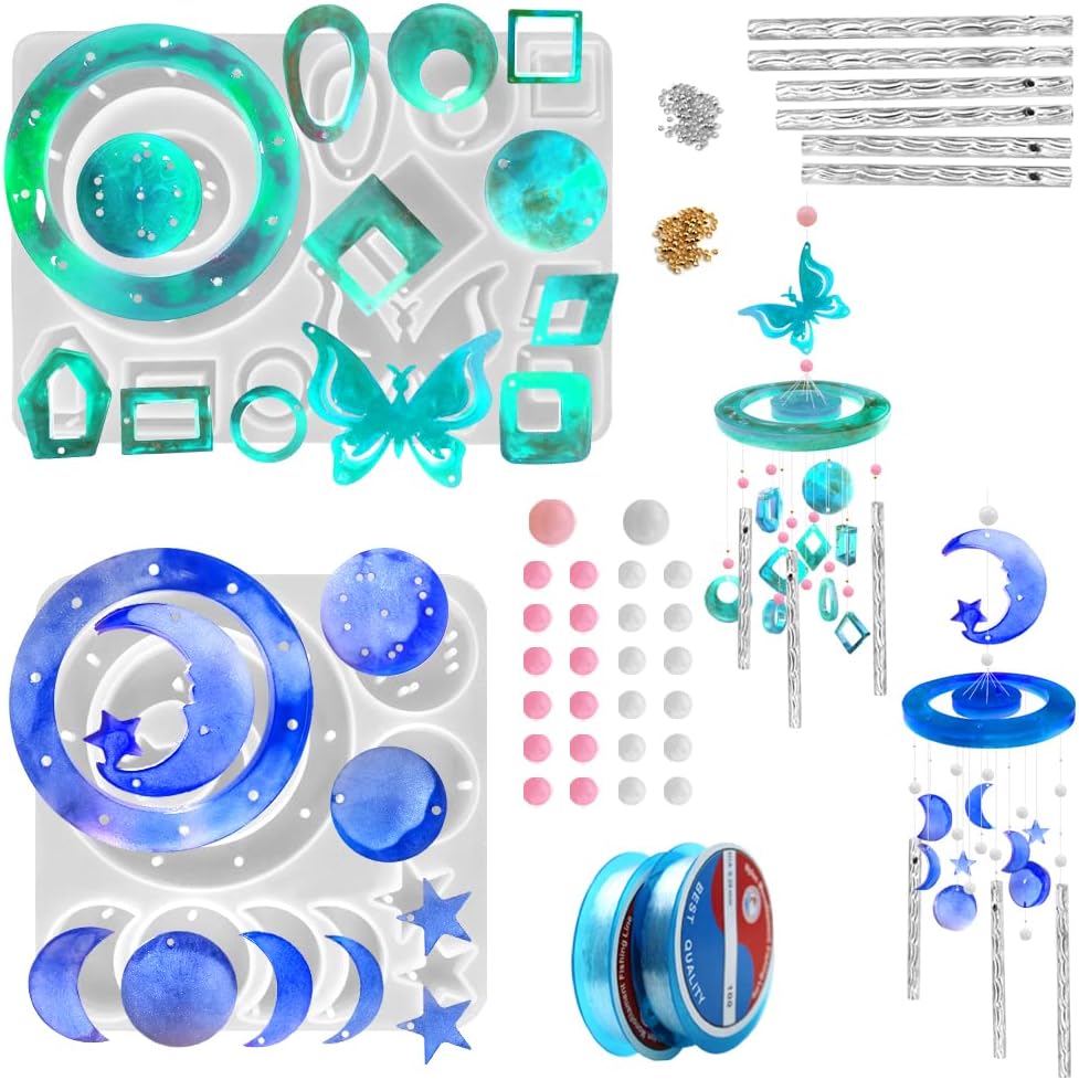 FineGood 2 Set Wind Chimes Resin Molds, Resin Molds Silicone Butterfly Moon Silicone Molds for Epoxy Resin DIY Winds Chime Gifts for Women Home Decor