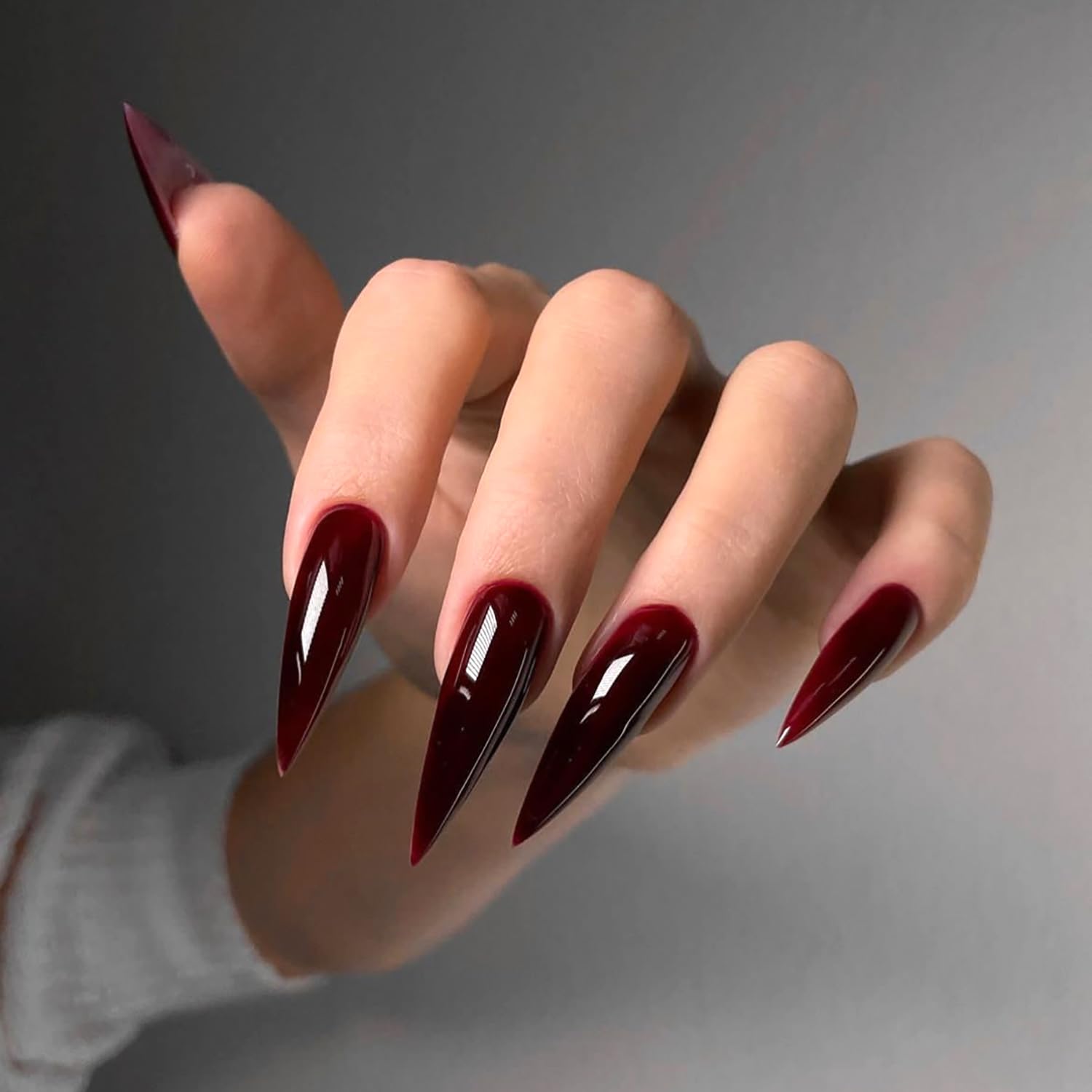 Wine Red Solid Color Press on Nails Extra Long Stilettos Fake Nails Glossy Full Cover Acrylic Glue on Nail for Women