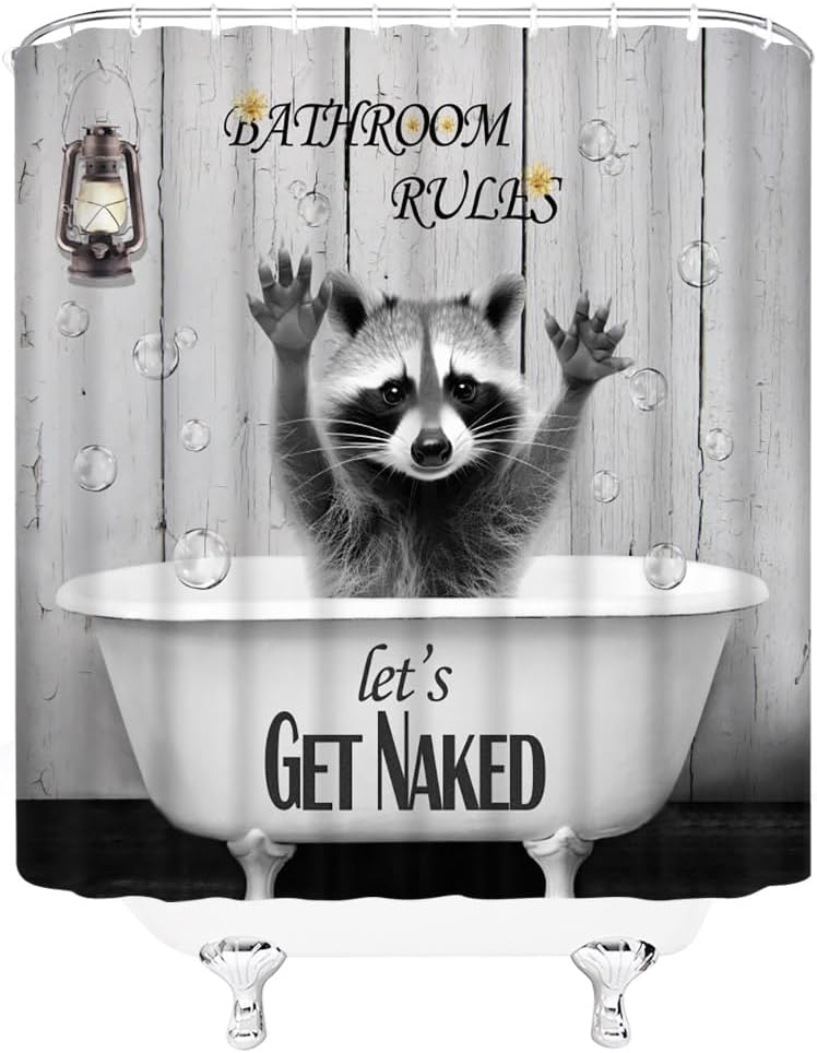 Funny Raccoon Shower Curtain Lovely Animals in Bathtub Bubble Yellow Floral Rustic Wooden Board Wildlife Bathroom Decor Fabric Curtains with Hook 80Wx70H Inches