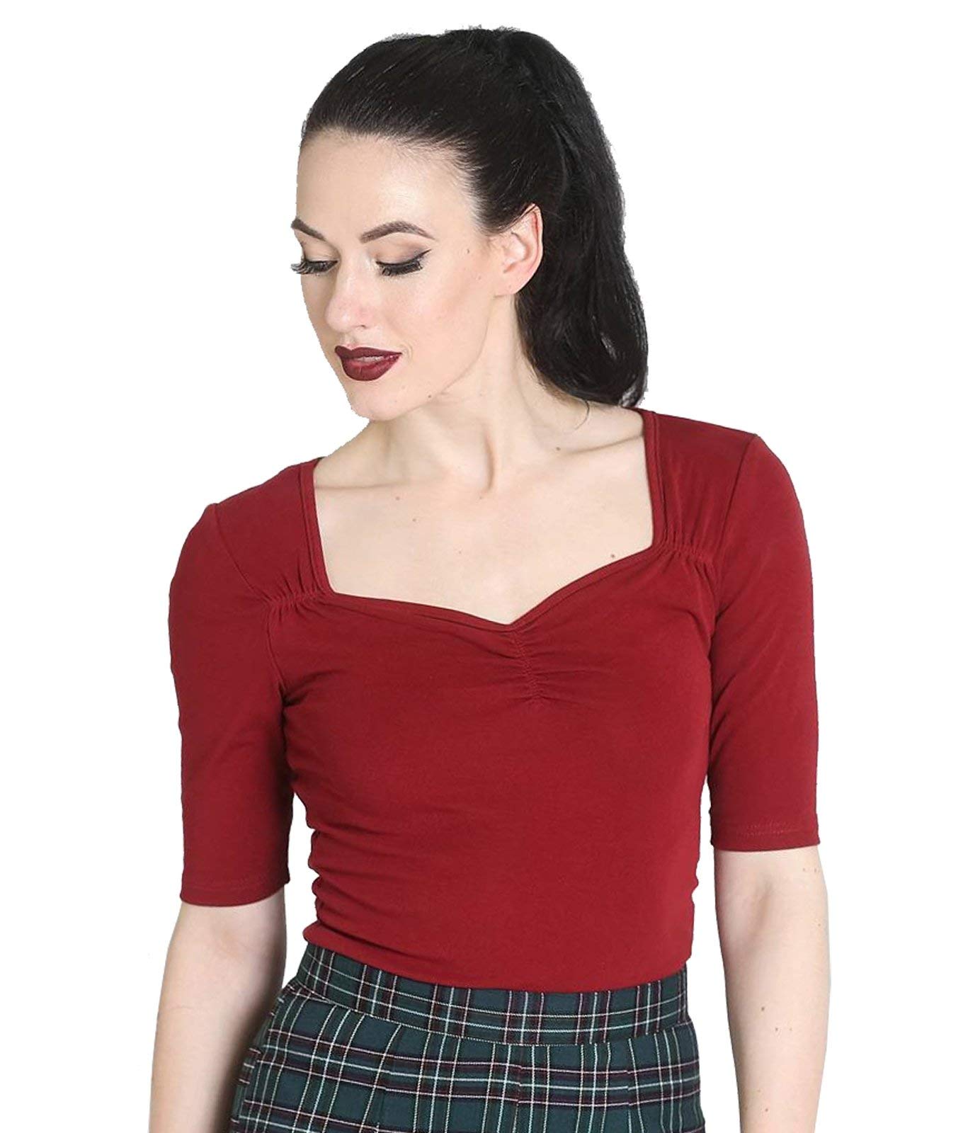 Hell Bunny Shirt 50s Rockabilly Top Philippa Red Burgundy 3/4 Sleeves 4XL 22