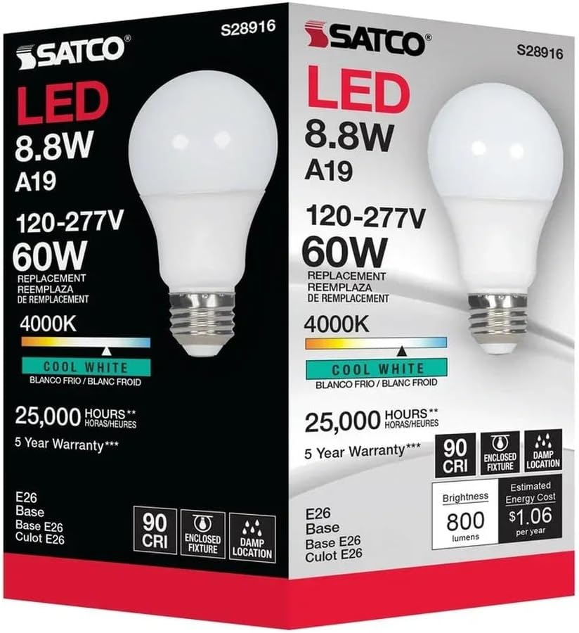 Satco 8.8-Watt LED E26 Light Bulbs, 4000K, 25000 Hour Rating, Dimmable, 6 Pack