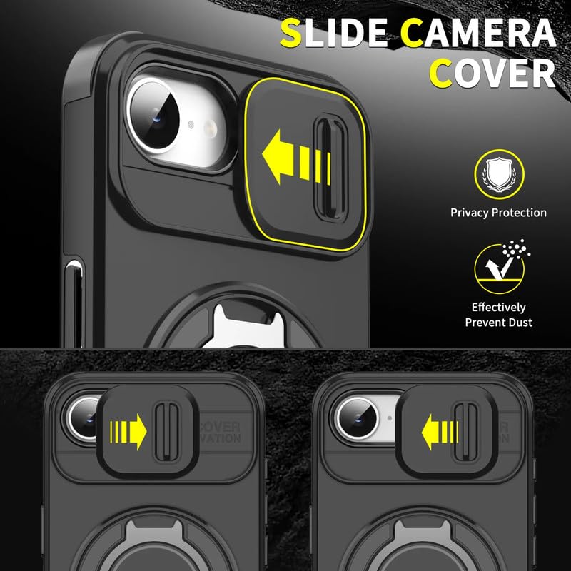 Image of LuxuryKase Shockproof Rugged Case for iPhone 16e | iPhone 17e | Slide Camera Cover | 360 Rotating Ring Kickstand | Military-Grade Protection - Matte Black