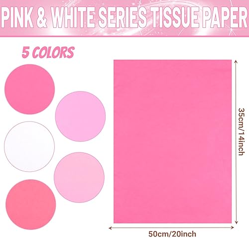 Miniatura 2 de 100 hojas de papel de seda rosa de 20 x 14 pulgadas para envolver regalos, 5 colores, rosa intenso, rosa, blanco, papel de seda para bolsas de