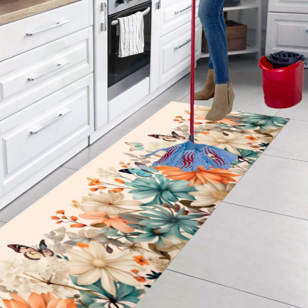 Tappeto Cucina Antiscivolo Lavabile, Tappeti Cucina,Grigio, fiore di rosa Motivi floreali di moda antica in moderna stampa,Tappetino Cucina per Sala da Pranzo, Cucina, Corridoio (2PCS 45x70+45x120 cm