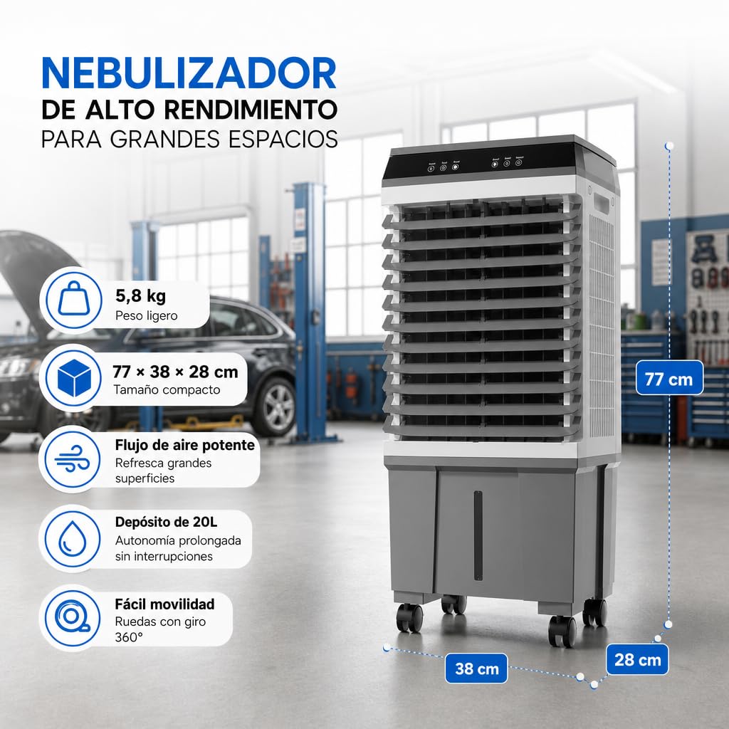 Climatizador Evaporativo Industrial 20L | Sin Tubo Exterior | Naves, Talleres y Terrazas hasta 20 m² | 65W | 3 Velocidades | Mando a Distancia | 4 Acumuladores de Frío | Oscilante | Portátil