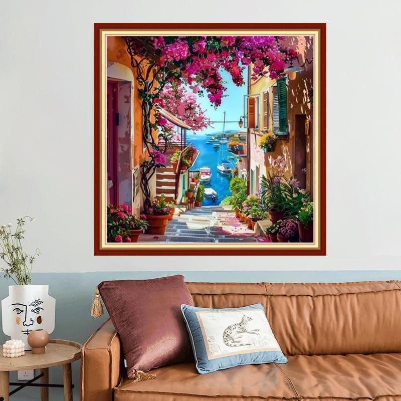 Image of Joyhoor Stamped Cross Stitch Kits for Beginners, Needlepoint Kits for Adults, 11CT Counted Embroidery Kits-Seaside Flower Street 18x18 inchs
