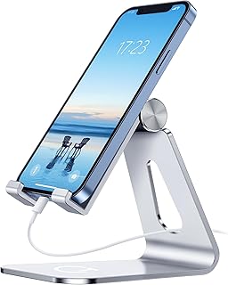 Gritin Soporte Móvil Mesa, Ajustable Soporte Móvil Soporte Dock Base Aleación de Aluminio para iPhone 15/14/13/12 /X / 8 Plus, iPad Mini, etc