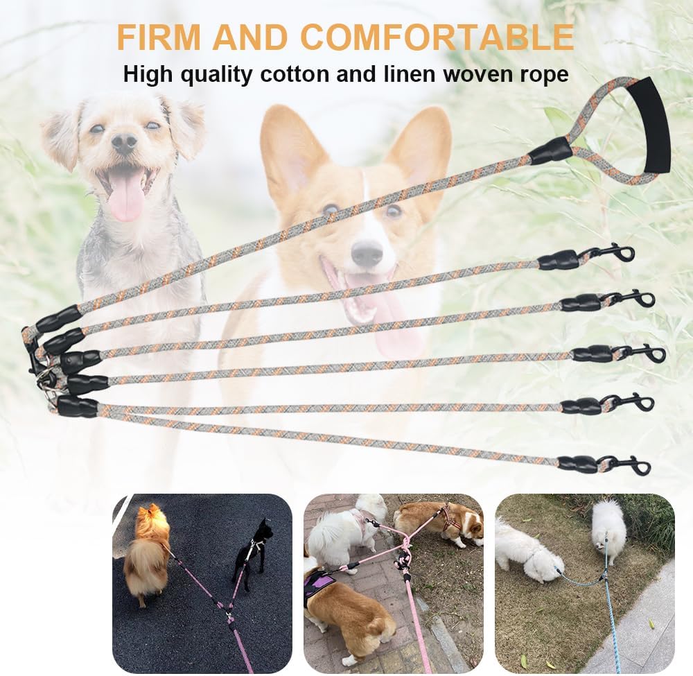 5 Dog Leash, Reflective Heavy Duty Five Way Dog Leash, Suitable for All Types of Dogs, Multiple Dog Leash, 360° Swivel Tangle Free with Comfortable Handle, Support Add to Multiple Rope, Orange