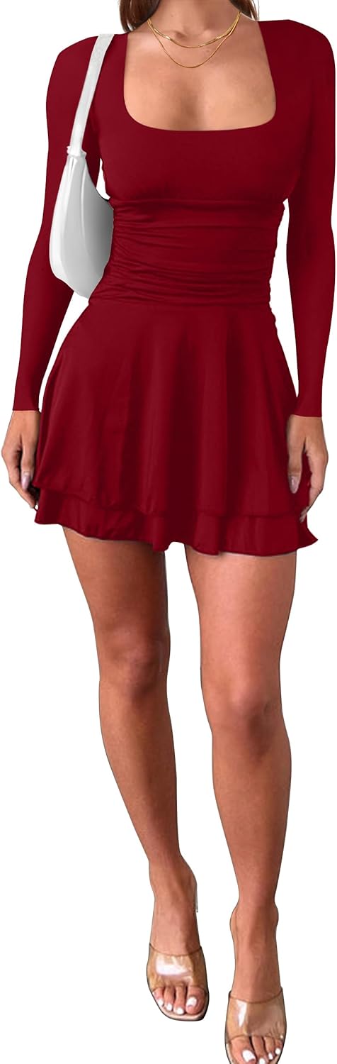 HYPERFIRE Women's Ruched Square Neck Long Sleeve Mini Dress Flowy Short Dresses Party Club - Image 7