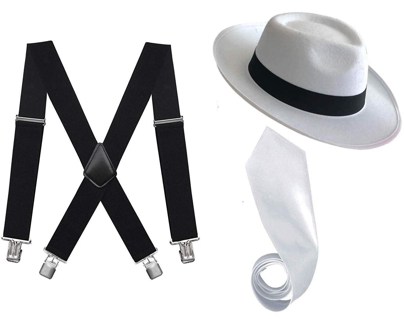 Golden Beads MEN GANGSTER HAT TIE BRACES SET FELT TRILBY AL CAPONE 1920's FANCY DRESS (White, B.Braces+W.Tie+W.Hat)