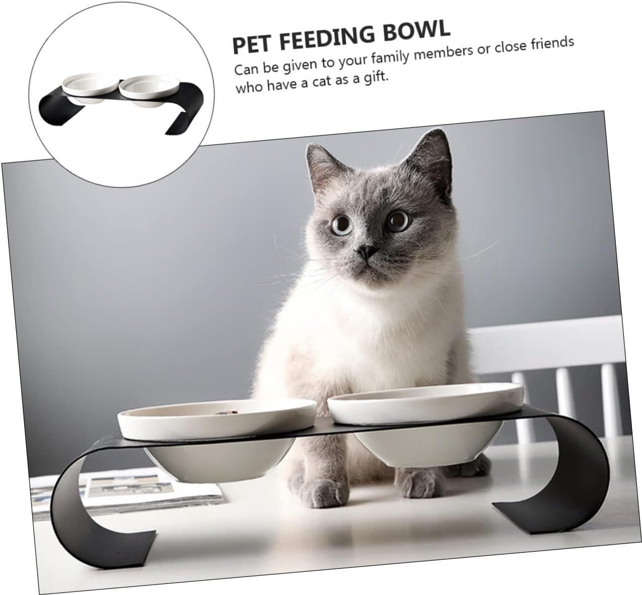 1Pc Ceramic Cat Bowl with Iron Bracket Elevated Pet Food Dish for Cats Dogs Easy to Safe Black White Double Bowl Design
