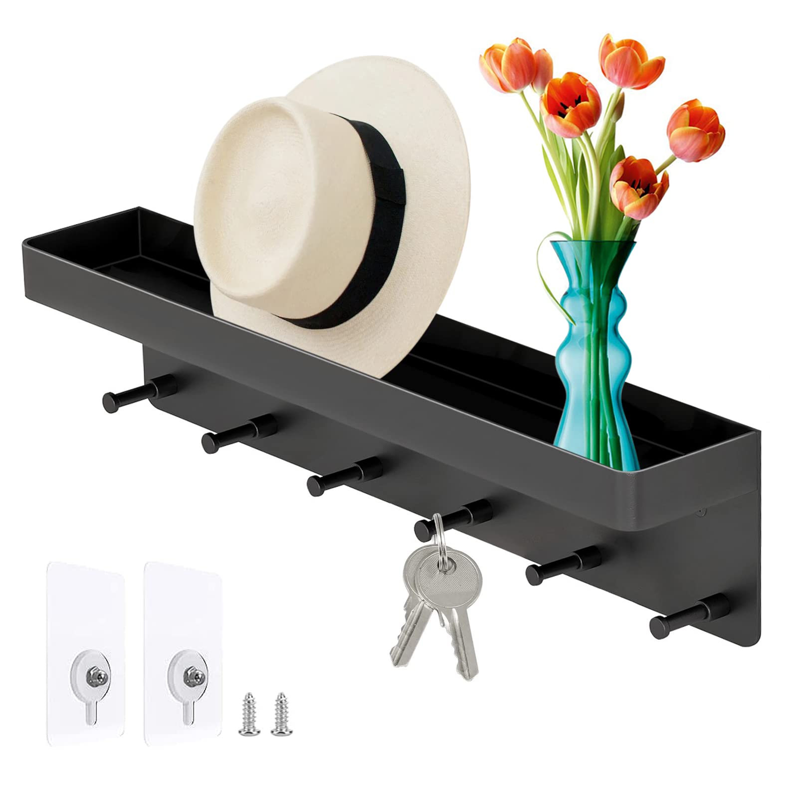 ICOUVA Schlüsselbrett mit Ablage,6 Haken Selbstklebend Wand Schlüsselhalter,Kleines Schlüsselhaken für Flur,Eingangsbereich,Küche,Badezimmer(Schwarz)