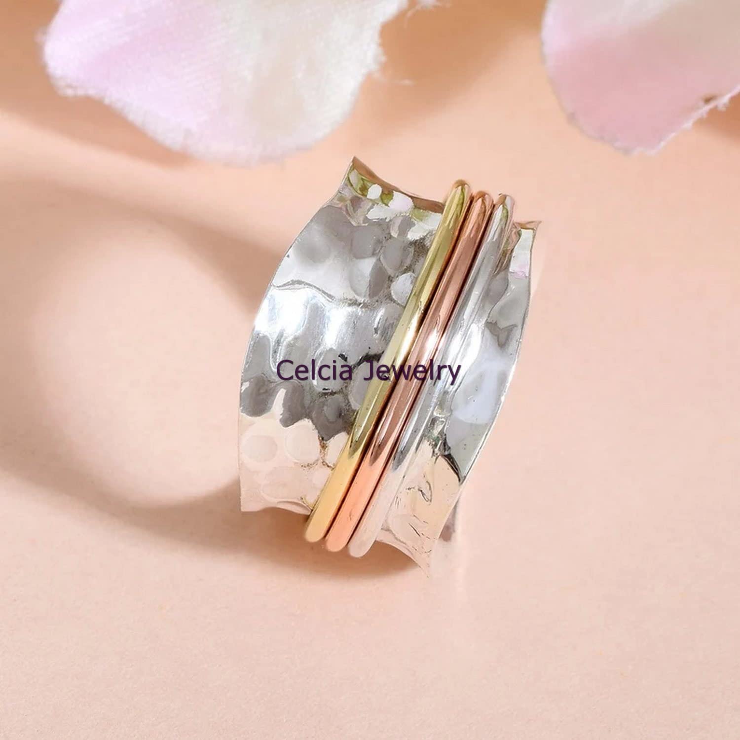 Bague tournante en argent sterling 925 martelé pour femme, bague de méditation tricolore pour elle, bague étonnante et époustouflante