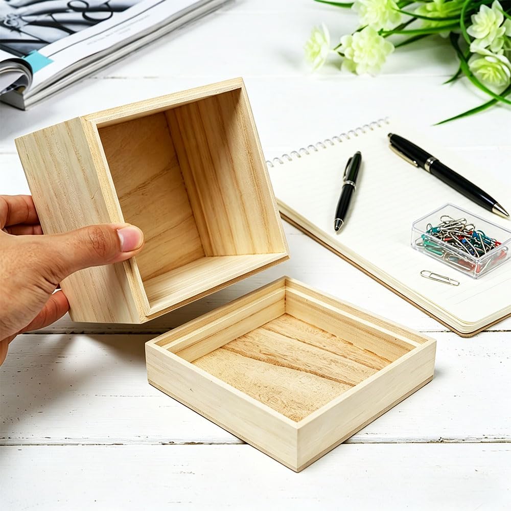 4 Pezzi Piccole Scatole in Legno Quadrate Scatola di Legno Portaoggetti Grezzo con Coperchio Cassette Legno Decorative Non Finita per DIY Artigianato e Contenitori,12x12x11.2cm