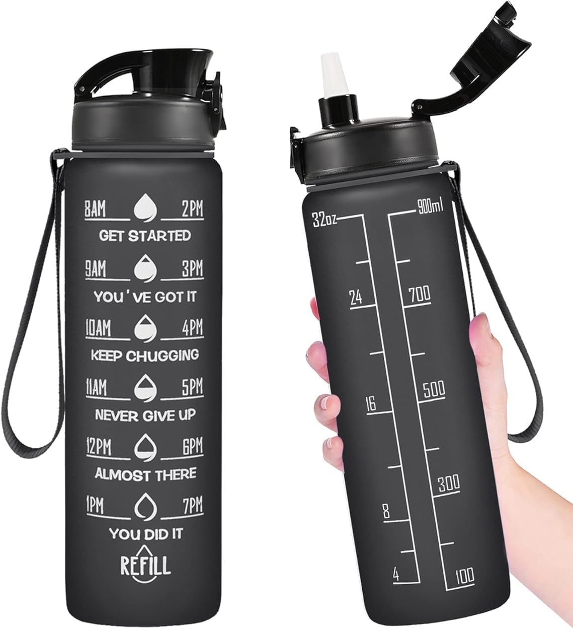 32 oz Water Bottle, Motivational Water Bottle with Time Marker, Sports Water Bottle With Strap, Leakproof & BPA Free Large Water Bottles for School, Gym, Travel, Outdoor, Black