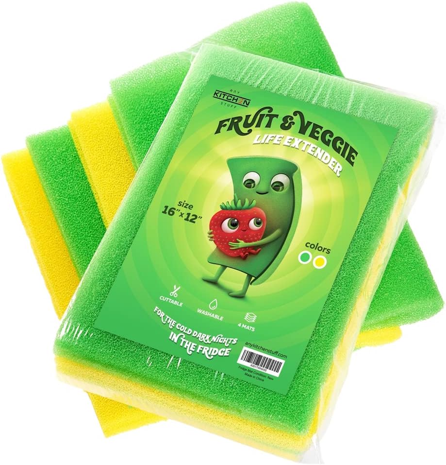 4-Set Fruit & Veggie Life Extender - 16x12 Inch - Foam Fridge Shelf Mat & Refrigerator Drawers Liner - Washable Pads - Extends Life of Produce & Prevents Spoilage - Keeps Food Fresh & Crispy