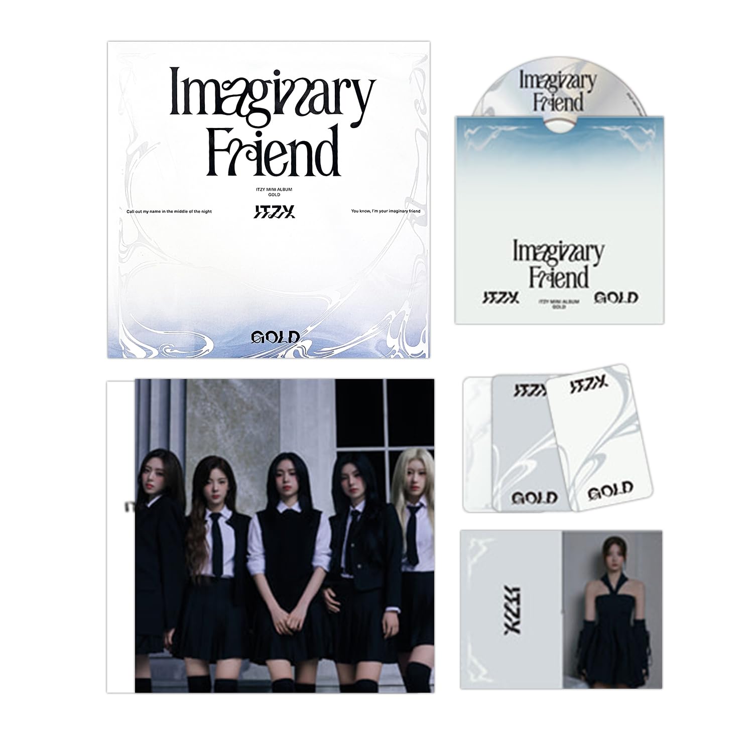 ITZY - [GOLD] (Imginary Friend Ver.) Envelope + Unit Photocard R + Photocard + Clear Book Binder + Square Photo Set + 2 Pin Badges + 4 Extra Photocards