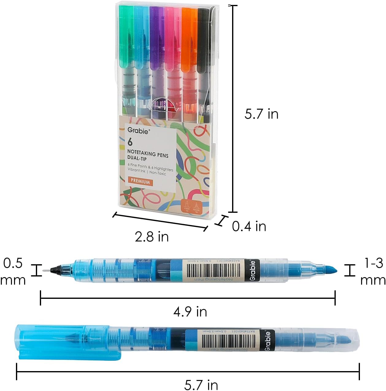 Grabie 2 Sets Bundle, Dual Tip Notetaking Pens (3.5mm Chisel + 0.5mm Needle), 12 Pcs Dual Tip Highlighter Markers for Journaling, Colored Pens for Note Taking and Adult Coloring Books
