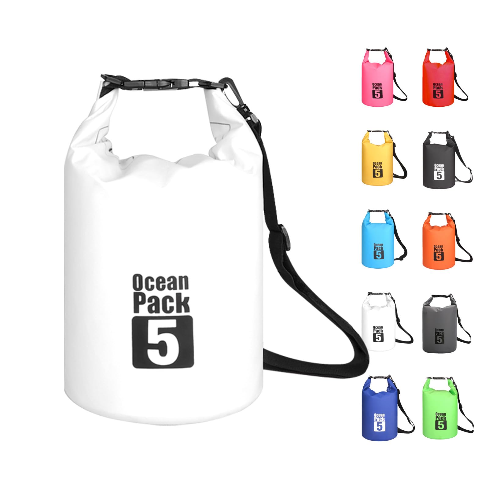 MORAINJAY 5L White Dry Bag,Waterproof Bag with Single Adjustable Shoulder Strap,Small Capacity Dry Sack 2L 5L 10L 15L 20L 30L for Outdoor Camping,Rafting,Swimming,Boating,Surfing