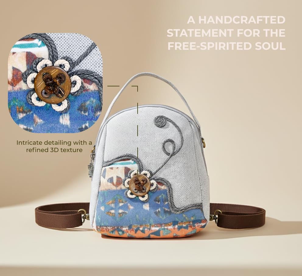Image of S&A Bohemian Flower Women's 4 way Convertible Bag - Handcrafted Embroidery Flower Multi-Way Mini Backpack, Shoulder Sling & Handbag with Large Capacity Multiple Holdings - Ideal for Travel & Gifting
