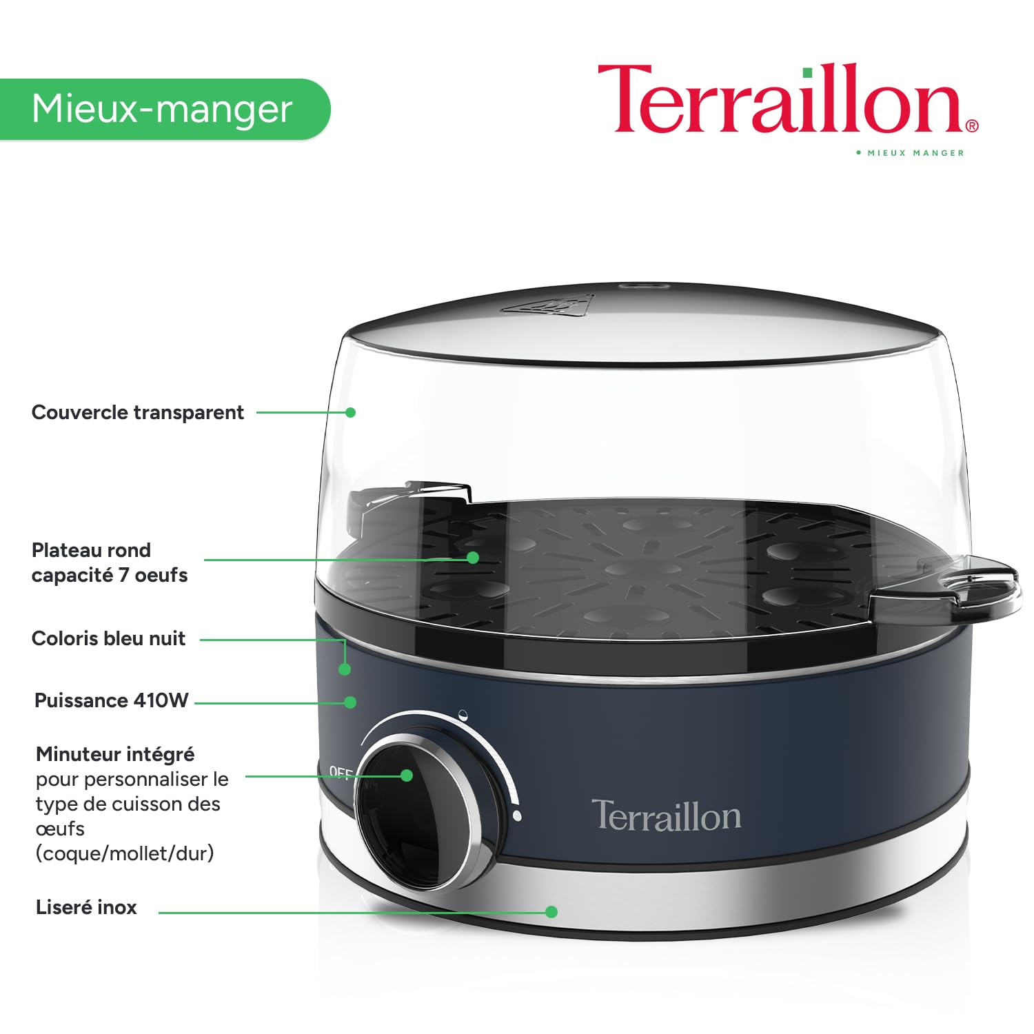 TERRAILLON - NEW MOON - Cuiseur à oeuf électrique, Capacité 7 oeufs, 410 W, Minuteur intégré, couvercle intégré, gobelet de mesure, Corps Inox peint, Bleu