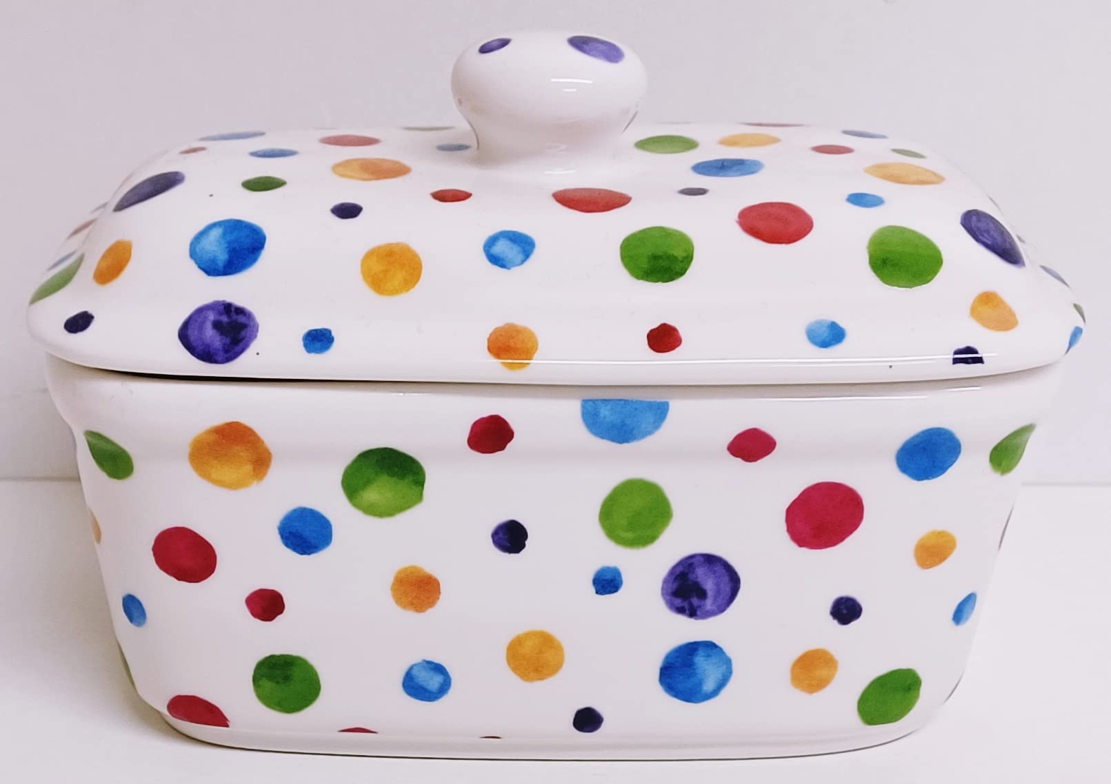 Polka Dots Painted Effect Butter Dish Fine Bone China Multicoloured Spotty Lidded Dish Hand Decorated in UK