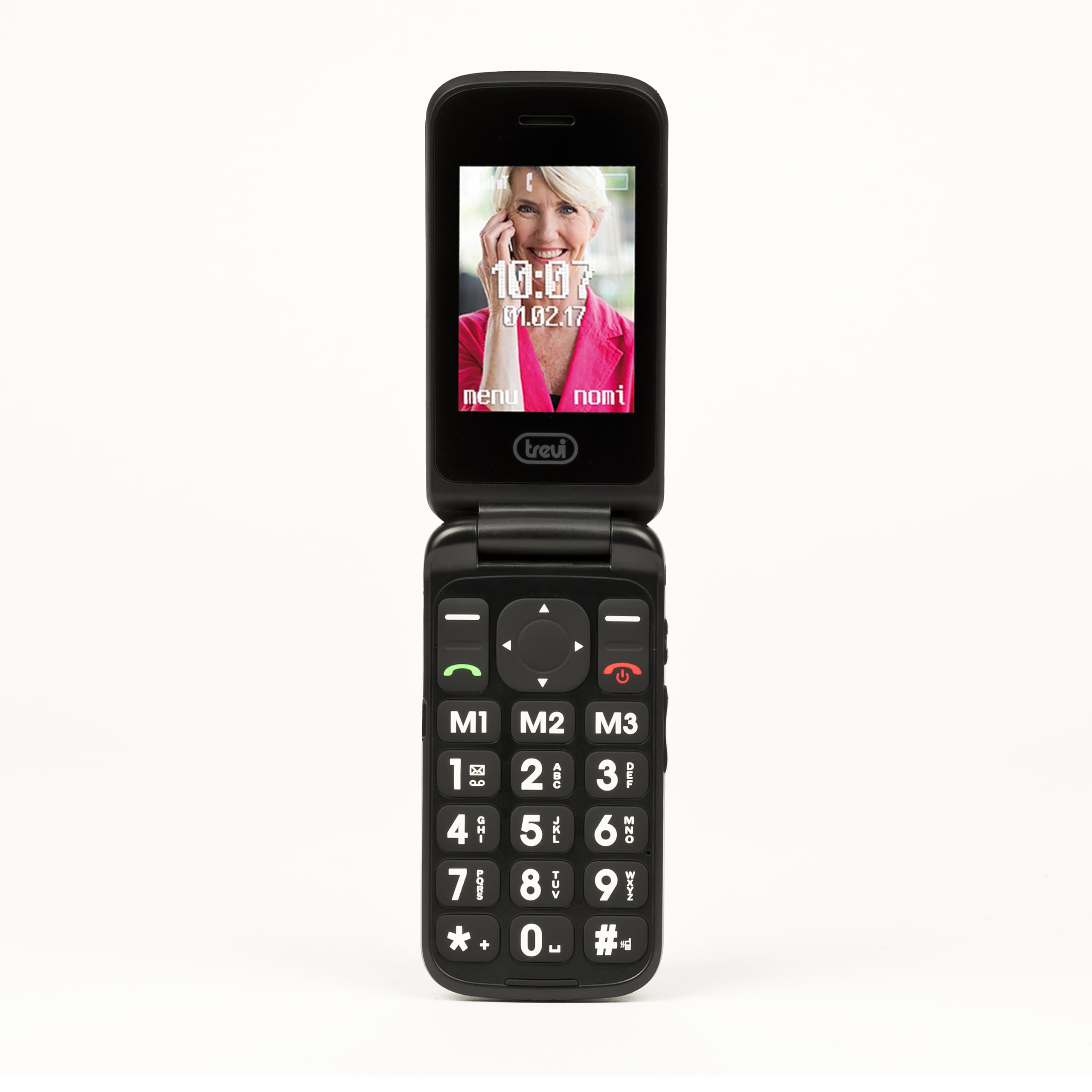 Trevi FLEX PLUS 55 Telefono Cellulare a Conchiglia per Anziani con Tasti Grandi Retroilluminati, Senior Phone con Tasto SOS Emergenza, Batteria Lunga Durata e Base di Ricarica Inclusa, Nero