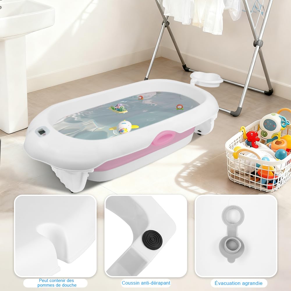Homewell - Bañera para bebé plegable con cojín de baño para bebé y termómetro integrado, viaje, cuenca para bebé, bañera infantil, regalo de nacimiento, 97 x 52 x 24 cm (rosa)