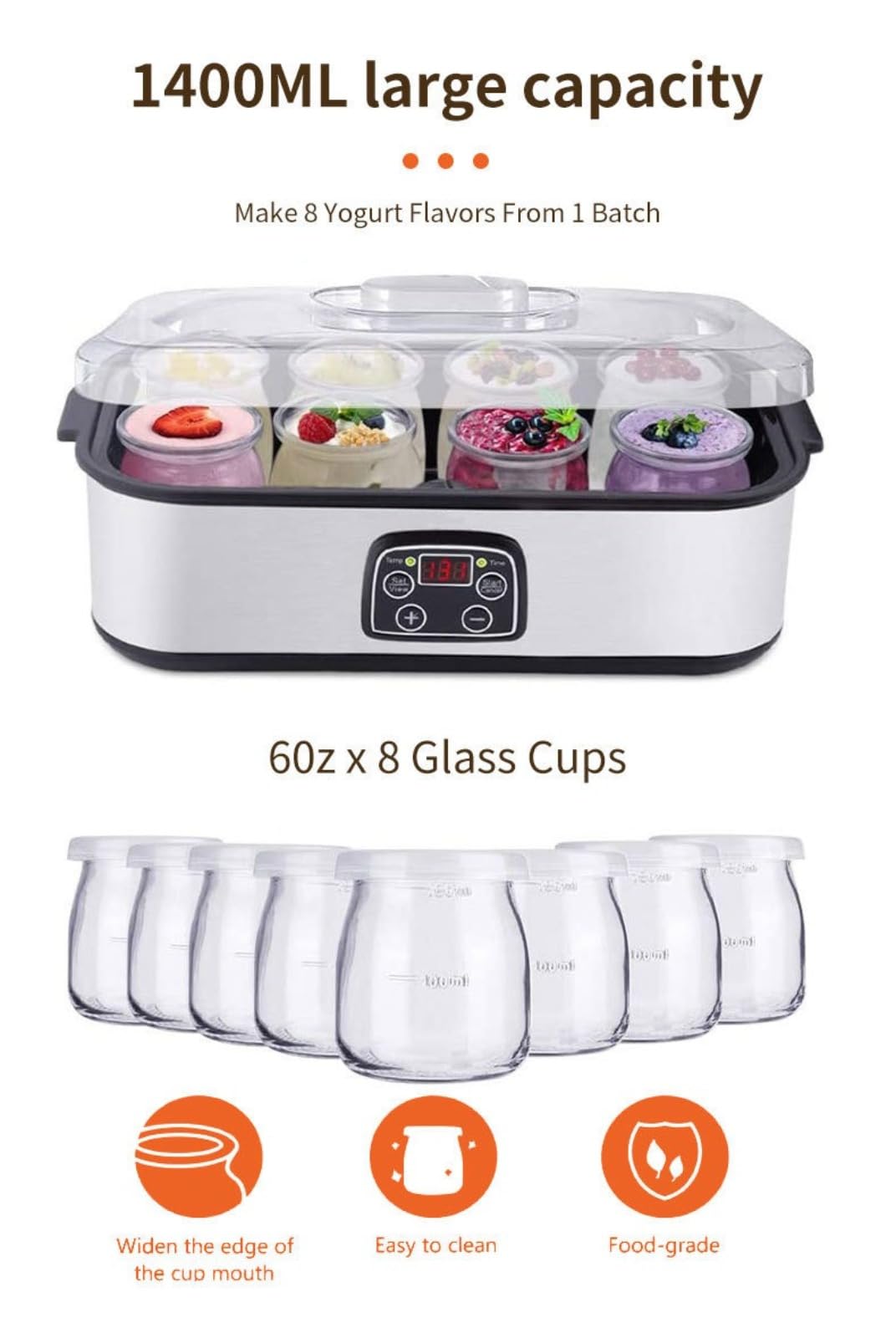Máquina digital de yogur de 8 tazas, máquina de acero inoxidable de 1400 ml con temporizador de control de temperatura, fermentador de yogur casero con tarros de vidrio