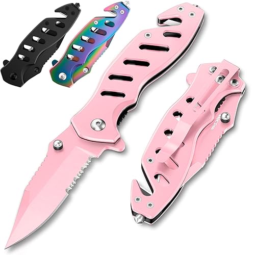 Pink Pocket Knife for Women - Legal Small Knife - 2.68 Inch Serrated Blade - Womens Knife for Self Defense - Cute Girl Survival Tool Pocket & Folding Knives - Mothers Day Gift Idea - 6655 P - Pink