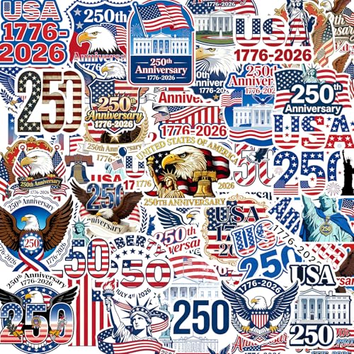 250 Anniversary USA Stickers 250 Years of Freedom Anniversary Waterproof Vinyl Decals for Laptop Water Bottle Phone Luggage Car (50Pcs)