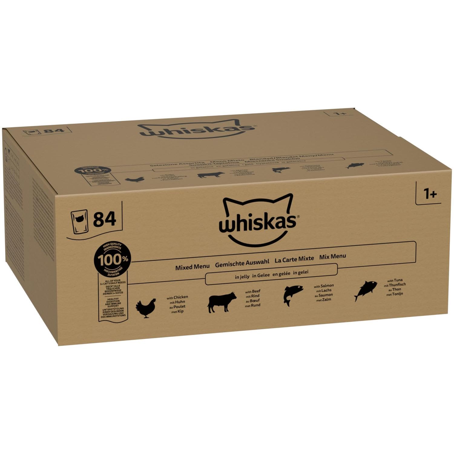 Whiskas Adult 1+ Katzennassfutter Gemischte Auswahl in Gelee, 84 Portionsbeutel, 84x85g (1 Großpackung) – Hochwertiges Katzenfutter nass, für ausgewachsene Katzen