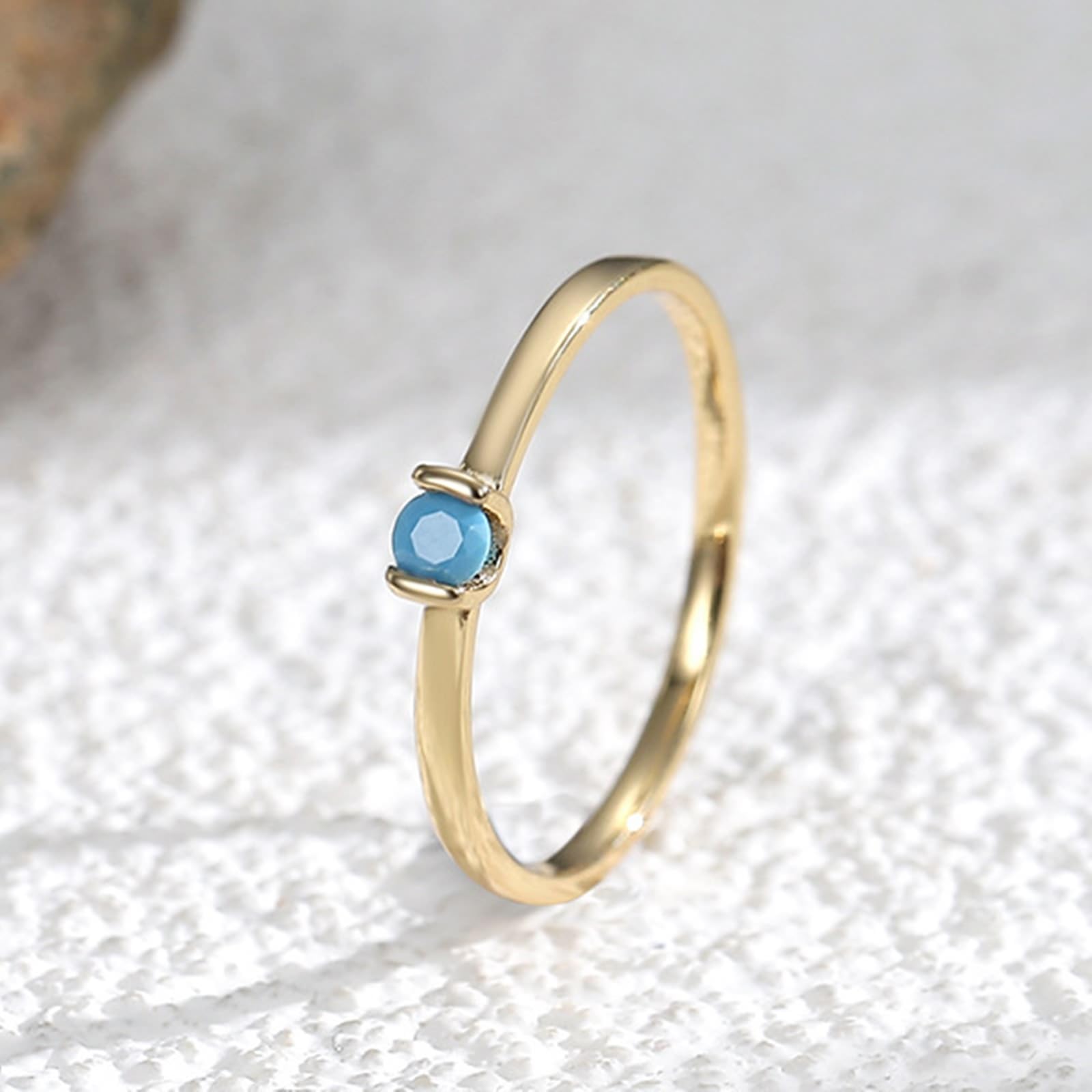 KnSam Anillo de oro amarillo de 9 K/14 K/18 K, joyas auténticas, solitario clásico, anillos de amistad con turquesa (corte redondo azul), anillo solitario Au375/585/750, talla 47-65