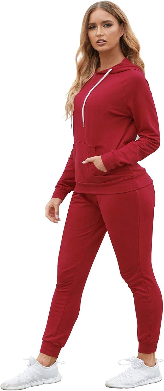 Fixmatti Women Pullover Hoodie Pockets Sweatpants Sport Jogger Sweatsuit 01-ruby Large