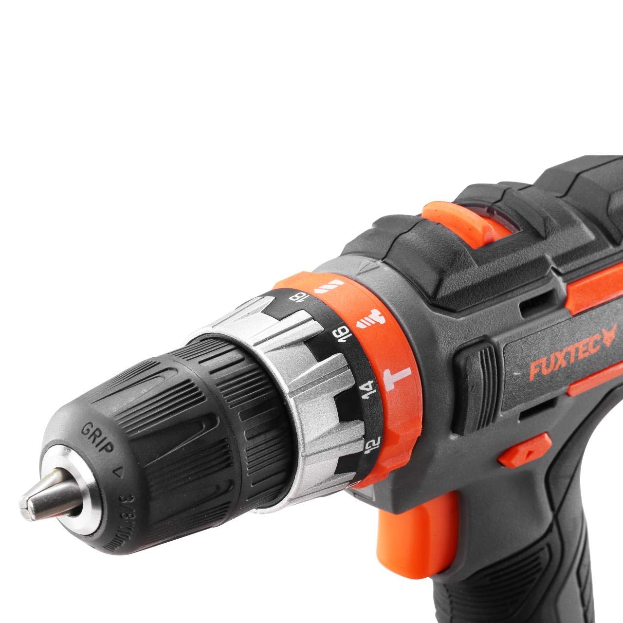 Fuxtec Akumulatorowa wiertarko-wkrętarka udarowa 20 V zestaw E1SBS20 z baterią litowo-jonową i ładowarką – wiertarko-wkrętarka akumulatorowa – regulacja prędkości