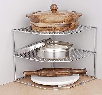 NH10 DESIGNS Stainless Steel 2 Level Kitchen Storage Rack for Corners, Multipurpose Kitchen Space Organizer Corner Shelf Rack Stand Holder (NHSP) - image, photos