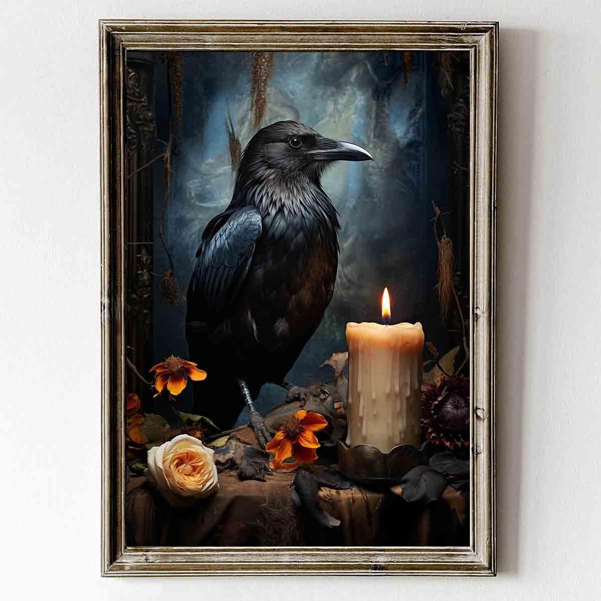 Victorian Gothic Canvas Wall Art Vintage Gothic Dark Academia Wall Art Black Crow Poster Raven Painting Vintage Gothic Raven Wall Art Dark Floral Gothic Raven Poster Living Room Decor 16x24in No Frame