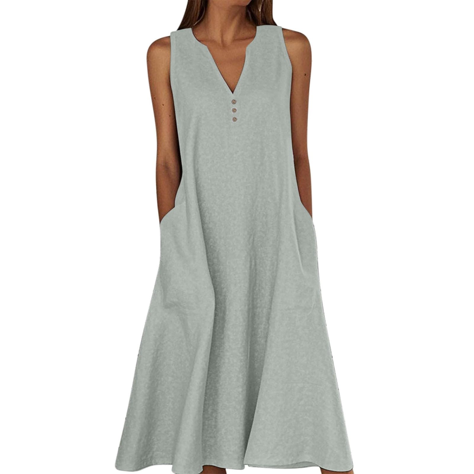 Angxiwan Wedding+Guest+Dresses Summer Dresses for Women UK Beach Loose Fit Sleeveless Linen Sundresses with Pockets Plus Size V-Neck A Line Maxi Dresses Summer for Women Over 50 UK to Hide Tummy — image 1