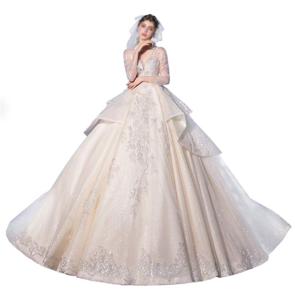 Vestido de Manga Larga con Malla de Cuello V Vestido de Mujer Boda, Color de la Foto, XL