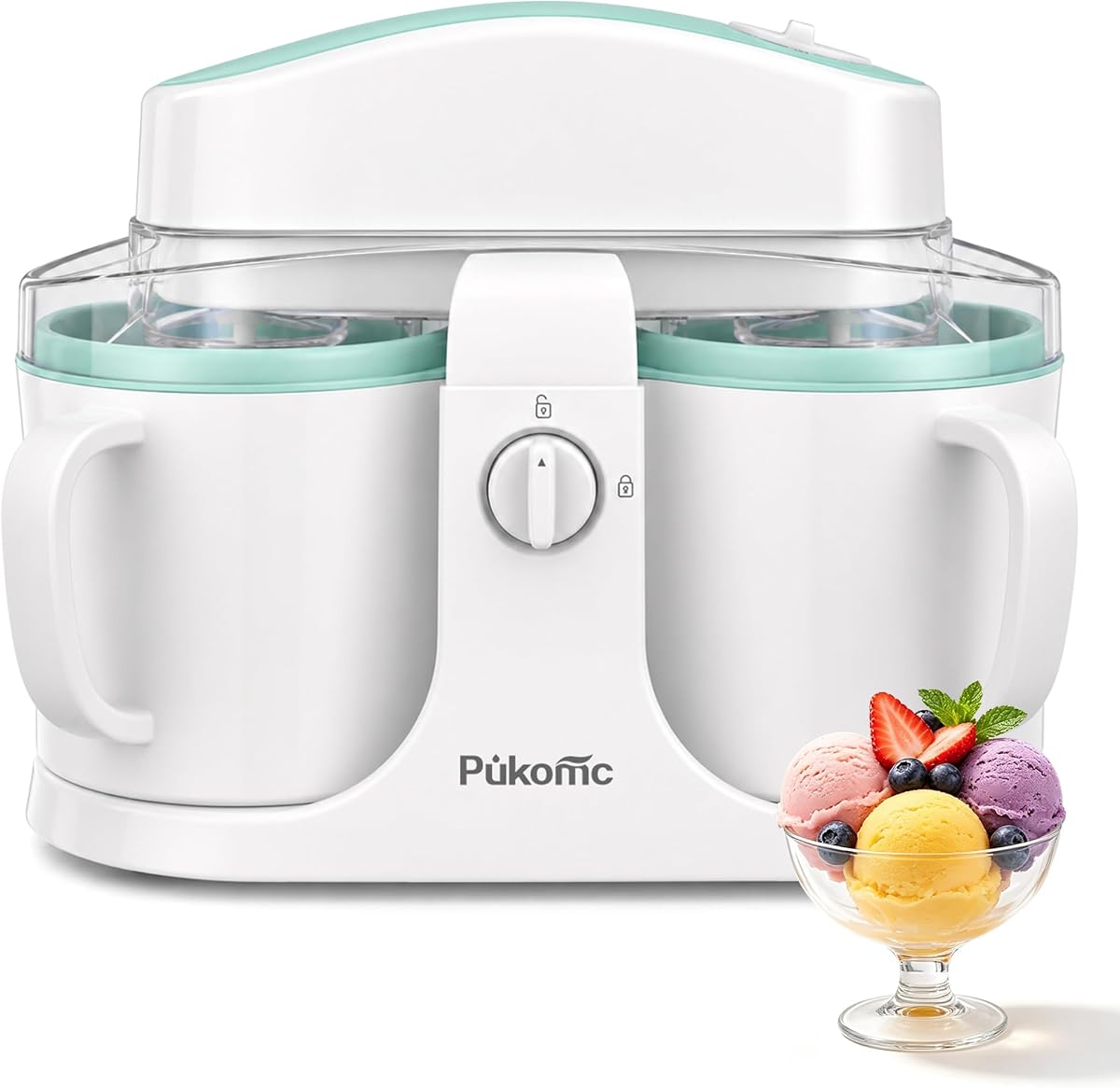 Pukomc Máquina para hacer helados en casa con 2 tazones para helado, 0.9 cuartos | Fácil de operar y limpiar, ideal para helados caseros y yogur helado, incluye recetas, 15-25 minutos