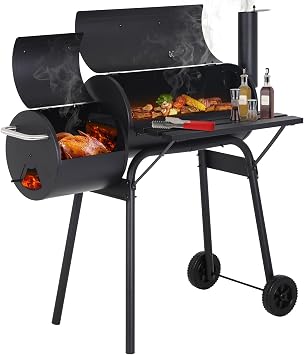 43" Barrel Charcoal Grill, Portable Grills BBQ Pit with Offset Smoker & Wheels Large Grilling Space for Outdoor Backyard, Patio and Parties, Black