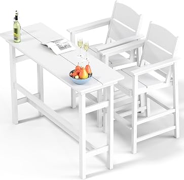 NAVINE Bar Height Patio Table and Chairs Set, 3-Piece HDPE Outdoor Adirondack Bar Chairs and Patio Table, All-Weather Patio Furniture for Poolside, Backyard, Garden, High Top Patio Bar Set, White