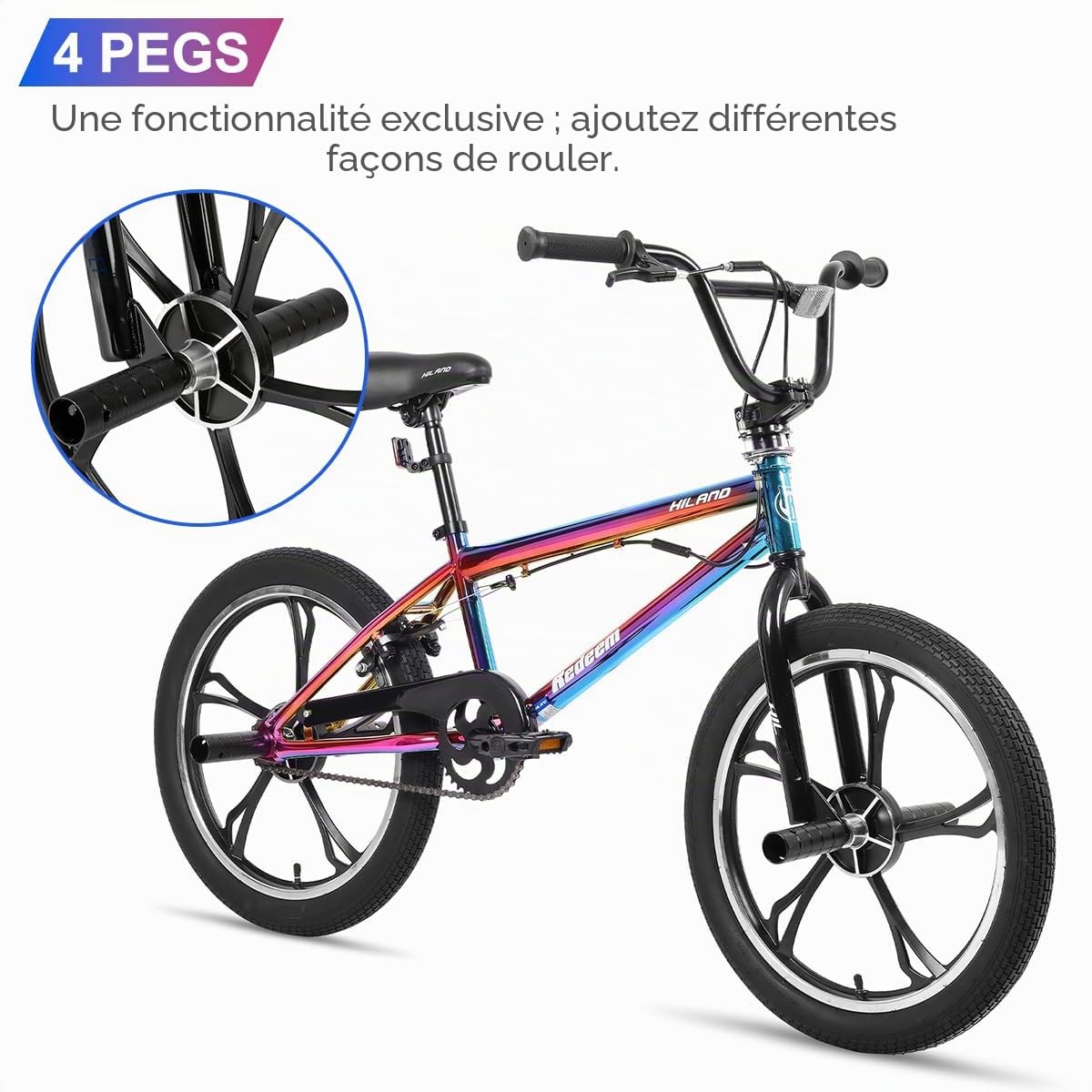HILAND Vélo BMX 20 Pouces, 5 Rayons, Rotor 360°, Freestyle, 4 pegs, Convient aux Jeunes pour l'entraînement et Les Cascades, Couleur