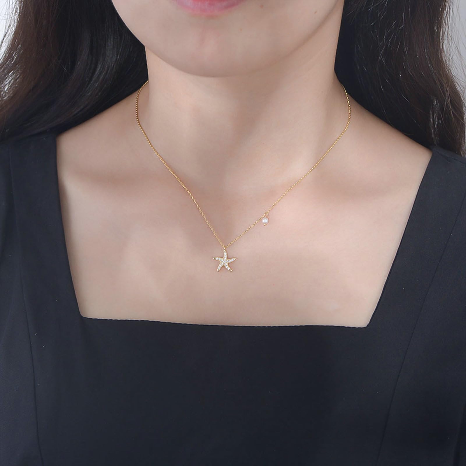 Collar con colgante de oro de 9 quilates, 14 quilates y 18 quilates para mujer, colgante de estrella de mar con diamante, cadena de oro 375, 585, 750, 45 cm, joyería real