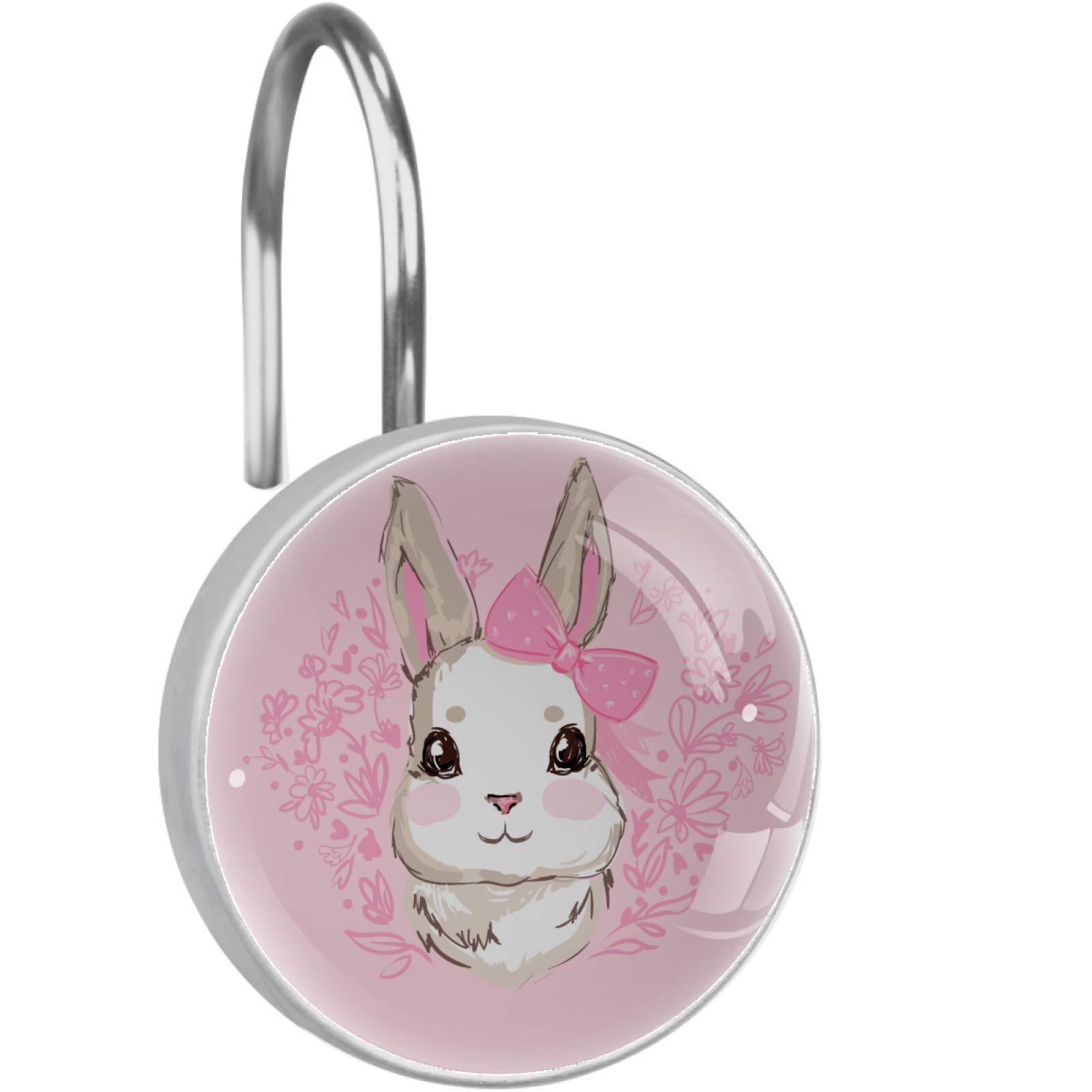 YRMLYMOP 12 PCS Pink Rabbit Shower Curtain Hooks - Rustproof Resin & Stainless Steel Bathroom Decor