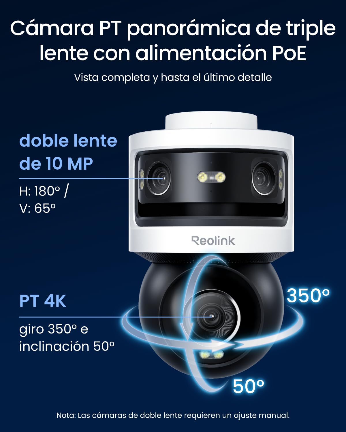 Reolink Cámara de seguridad PoE para exteriores de triple lente, panorámica PT de 10 MP + 8 MP, con seguimiento automático SyncTrack, visión nocturna en color e infrarroja, grabación 24/7, OMVI 3i PoE