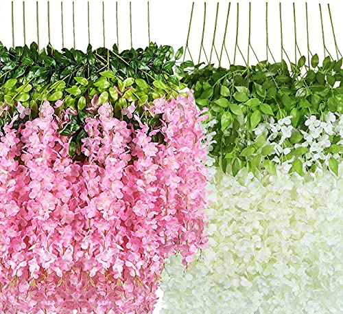 Image of LOGRO Pack of 12 Piece Artificial Vine Fake Pink, White Wisteria Hanging Garland Long Hanging Bush Flowers, String Home, Party Decor (6-Pink, 6-White)
