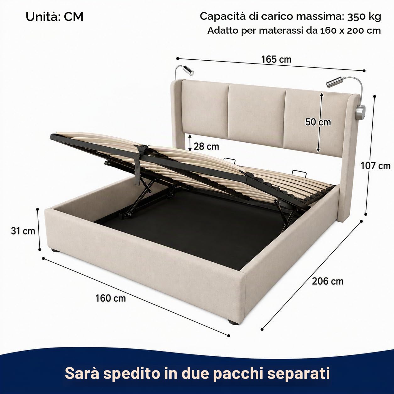 PerGar Letto contenitore matrimoniale 160x200 cm, Letto baule con luce di lettura, testiera doppia, Struttura Letto King Size con Alzata a Gas Idraulica, Letto Imbottito, senza materasso,lino, beige